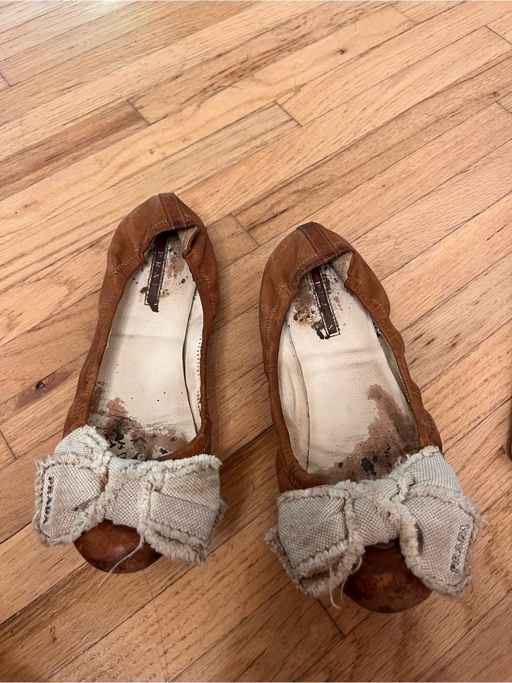 Prada Tan Leather Bow Ballet Flats
